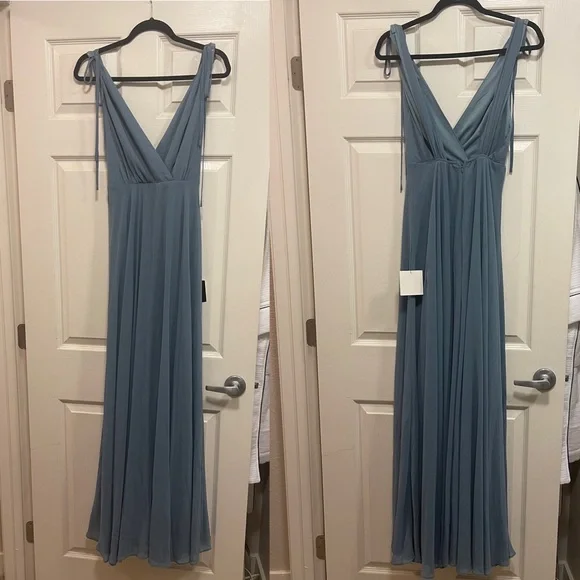 bow sleeve bridesmaid dress High Slit U-Neck Chiffon Bridesmaid Dress with Ruffle Sleeves and Open Back  Bow Detail main image 0